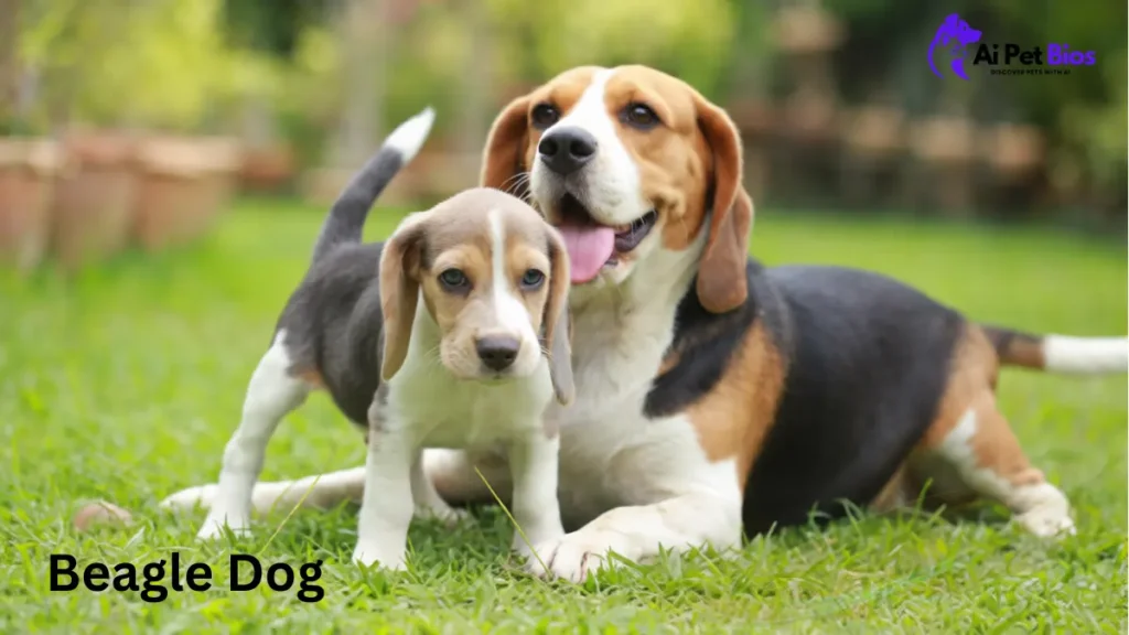 A happy adult tri-color beagle lies on a grassy lawn behind a young beagle puppy. The text "Beagle Dog" is in the lower-left corner, and the "Ai Pet Bios" logo is in the top-right.