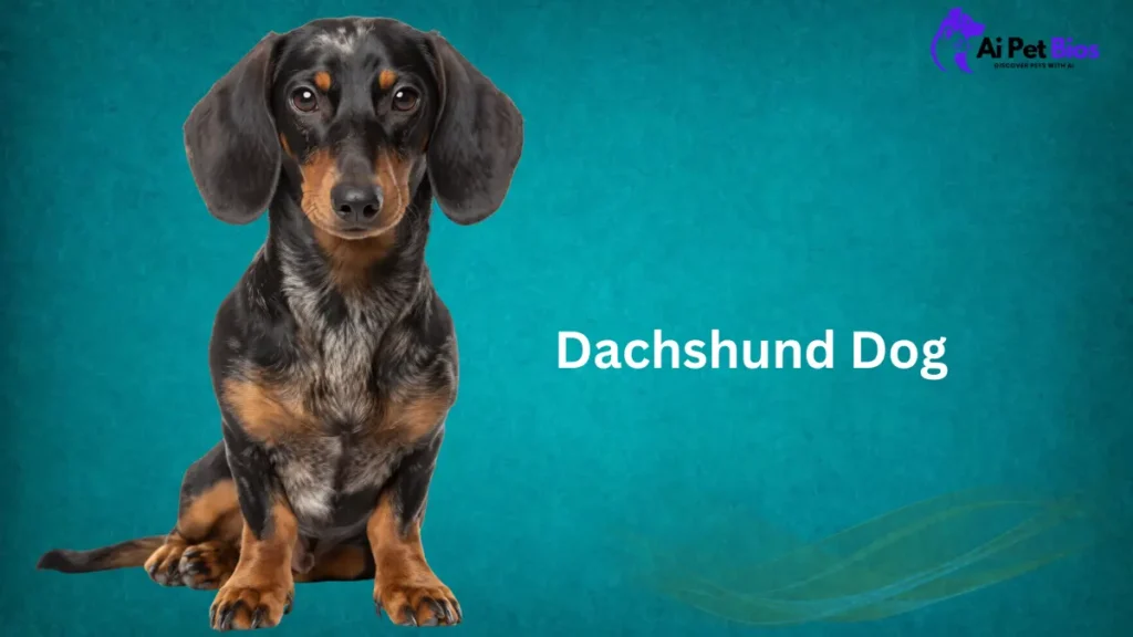 A black and tan dachshund sits facing forward against a textured teal background. To the right, the text reads "Dachshund Dog," with an "Ai Pet Bios" logo in the top right corner.