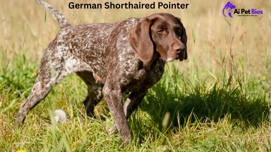 A German Shorthaired Pointer with a brown and white speckled coat stands alert in a grassy field. The text "German Shorthaired Pointer" is centered at the top, and the "Ai Pet Bios" logo is located in the top right corner.