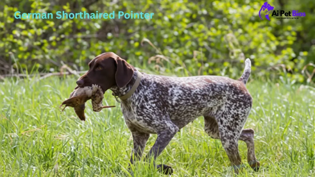 A German Shorthaired Pointer with a brown and white speckled coat walking through a green, grassy field while carrying a game bird in its mouth. The text "German Shorthaired Pointer" is displayed in the top left, and the "Ai Pet Bios" logo is in the top right corner.