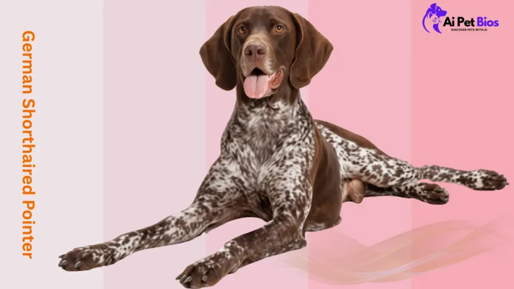 A studio photograph of a brown and white ticked German Shorthaired Pointer lying down against a soft pink, vertically striped background. The text "German Shorthaired Pointer" is displayed vertically on the left side, and the "Ai Pet Bios" logo is positioned in the top right corner.