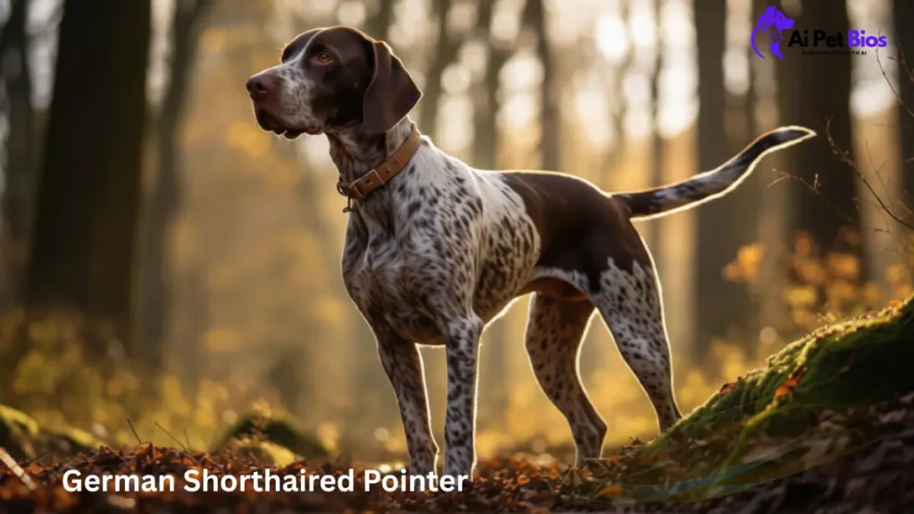 A brown and white ticked German Shorthaired Pointer stands alert in a sunlit, wooded forest setting filled with fallen leaves. The text "German Shorthaired Pointer" is visible in the bottom left, and the "AI Pet Bios" logo is in the top right corner.