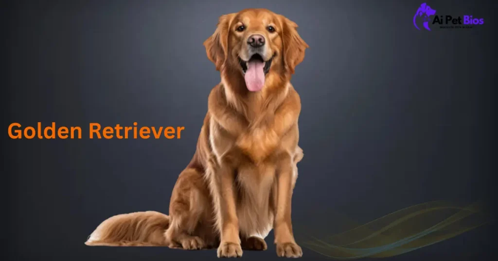 A friendly adult Golden Retriever with a rich, copper-colored coat sits against a dark gray background. The dog is panting with its tongue out. The text "Golden Retriever" is in orange on the left, and an "Ai Pet Bios" logo is in the top right corner.