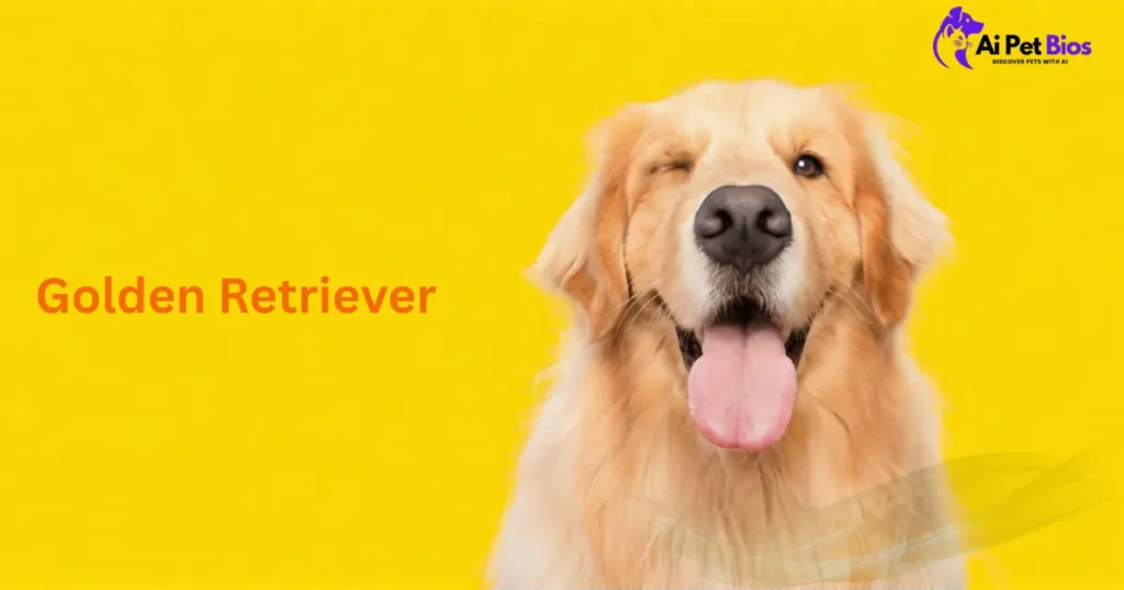 A cheerful Golden Retriever winking with one eye and panting against a solid yellow background. The text "Golden Retriever" is on the left, and the "Ai Pet Bios" logo is in the top right.