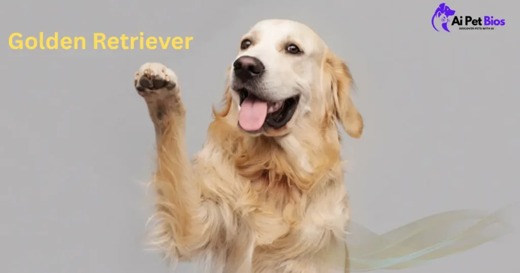A happy, light-colored Golden Retriever raising its paw to shake or wave against a light gray background. The text "Golden Retriever" is in yellow on the top left, and the "Ai Pet Bios" logo is in the top right.
