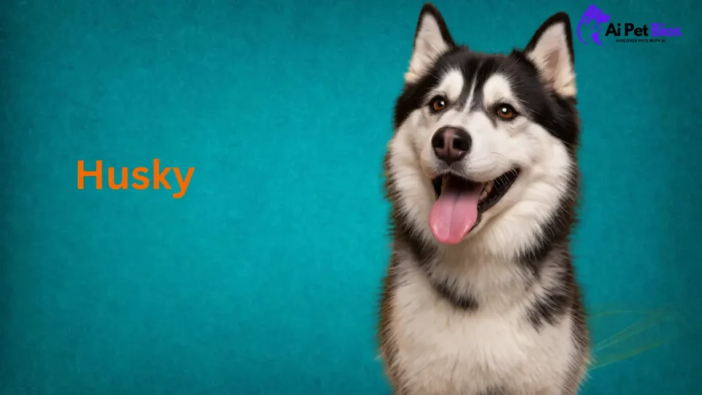 A portrait of a Siberian Husky with black and white fur and warm, brown eyes. The dog is looking towards the camera with a happy, open-mouthed expression against a solid, textured teal background.