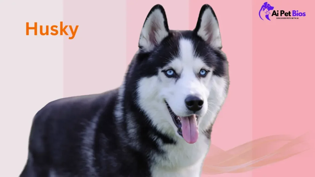 A close-up portrait of a Siberian Husky with striking, bright blue eyes and a thick black and white coat. The dog is looking at the camera with an open-mouthed, happy expression, set against a soft, light-colored background with subtle vertical stripes.