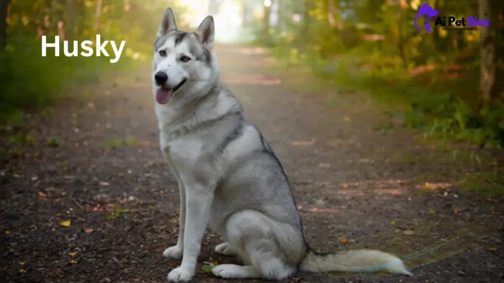 A Siberian Husky sitting on a dirt path in a wooded area, looking towards the camera with its tongue hanging out. The background is softly blurred, showing trees with dappled sunlight filtering through the leaves.
