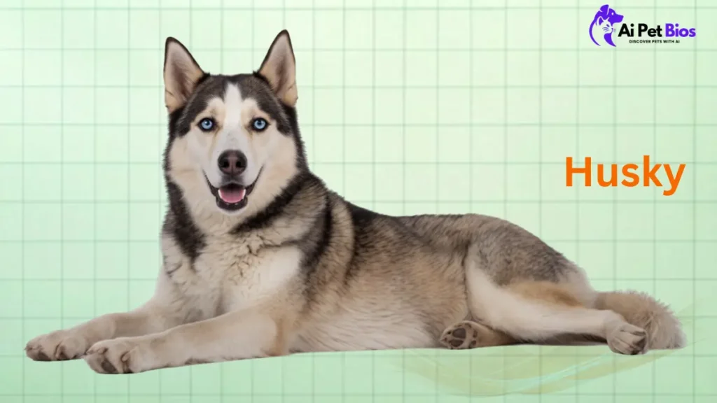 A Siberian Husky lying down against a pale green grid-patterned background. The dog has striking blue eyes and a thick grey and white coat, looking directly at the camera with a friendly, open-mouthed expression.