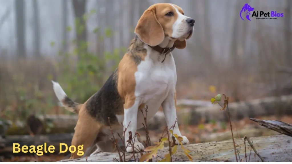A tri-color beagle stands alert on a fallen log in a misty, autumn-toned forest.