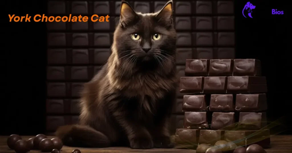 A long-haired, dark brown York Chocolate Cat sits next to a tall stack of chocolate bars and truffles. The verbatim text "York Chocolate Cat" appears in orange in the top left. The background consists of a grid pattern made of dark chocolate bars. Low-key, moody lighting.