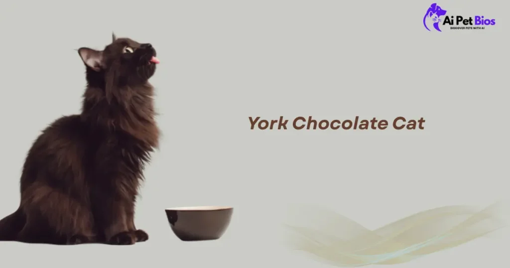 A fluffy, dark brown York Chocolate cat sits next to a small bowl, looking upward with its tongue poking out. The verbatim text "York Chocolate Cat" and the "Ai Pet Bios" logo are displayed against a clean, minimalist grey background.
