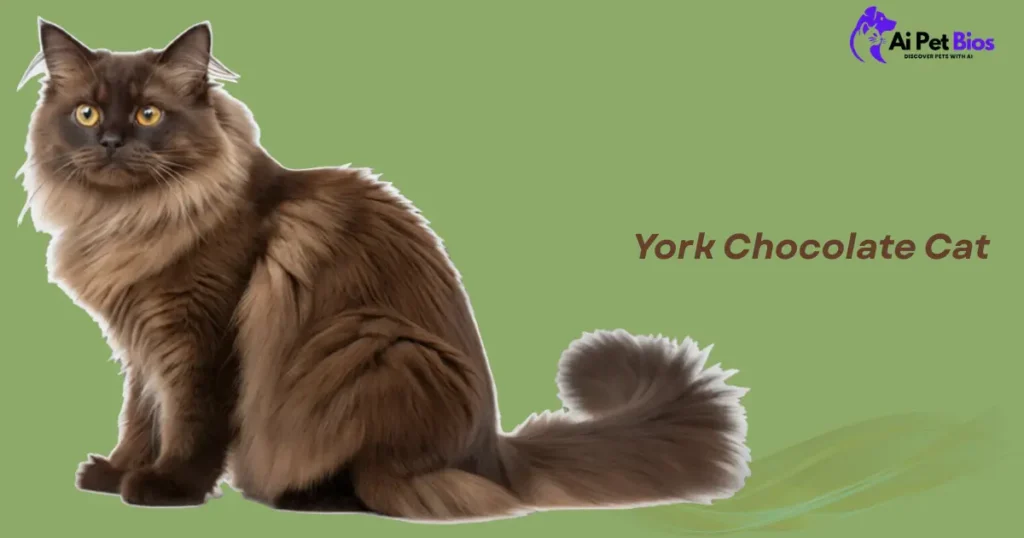 An elegant, long-haired York Chocolate Cat with golden eyes sits against a solid sage green background. Verbatim text "York Chocolate Cat" and the "Ai Pet Bios" logo are included. The style is a clean, professional pet breed showcase.