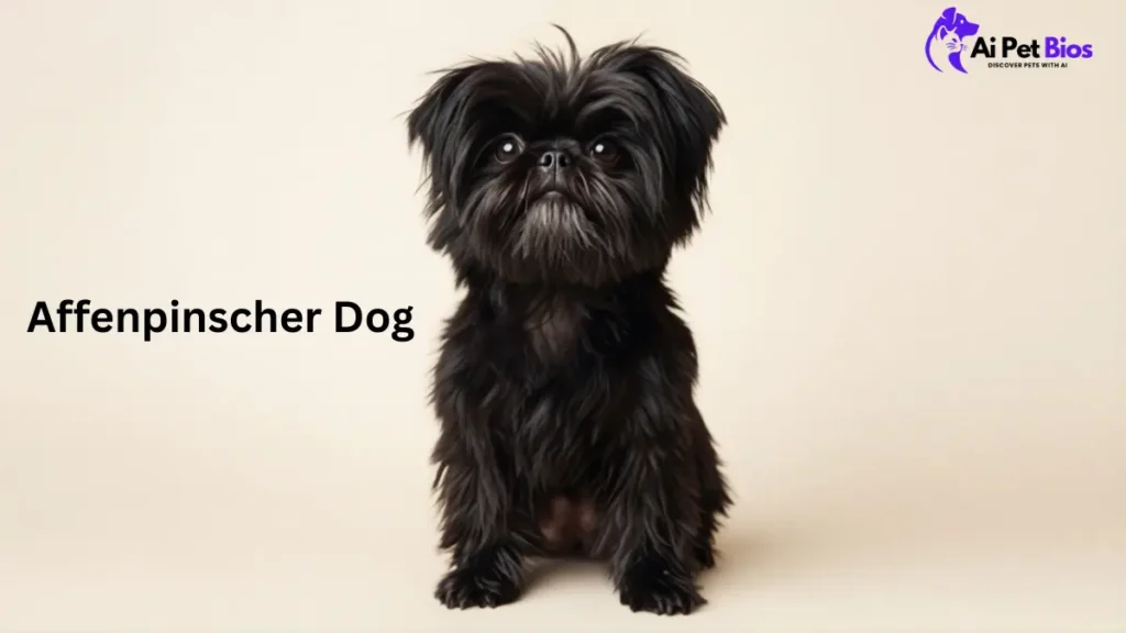Portrait of an Affenpinscher dog sitting against a neutral background, branded for Ai Pet Bios.