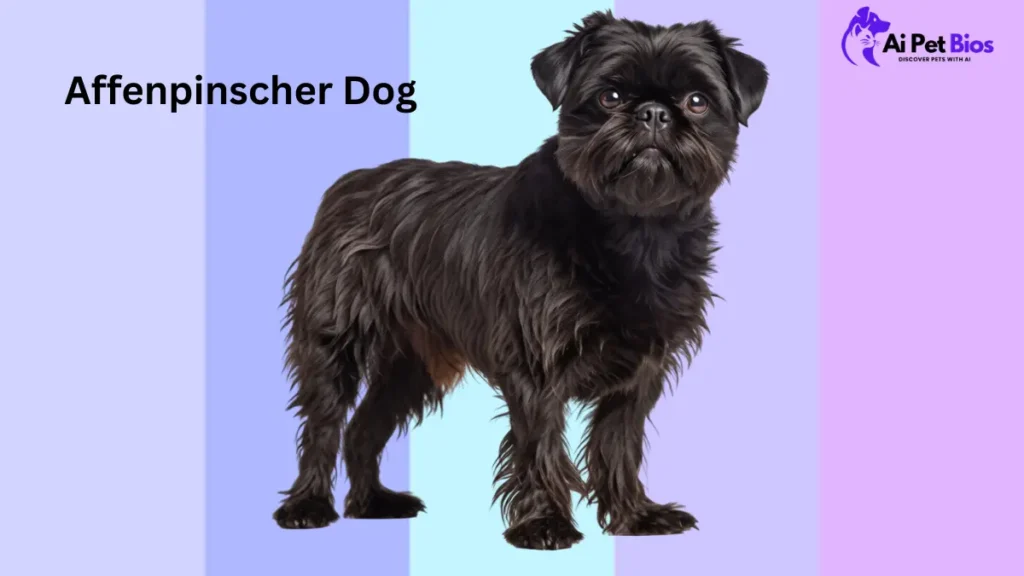 Profile of a black Affenpinscher dog breed on a colorful, modern background for Ai Pet Bios.