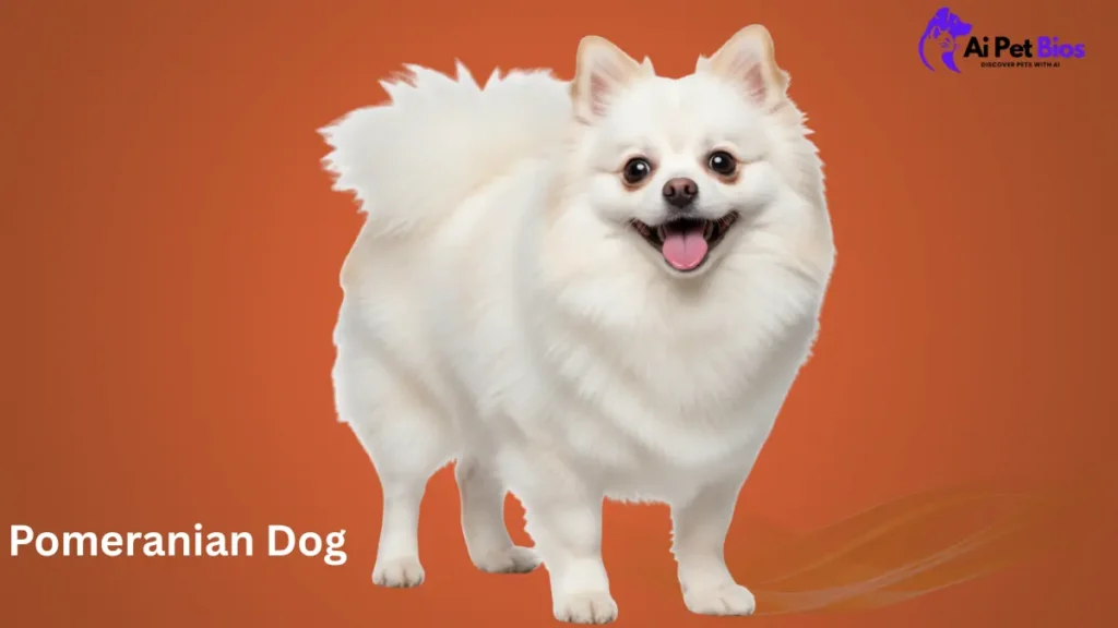 White Pomeranian dog breed characteristics image, showcasing a standing fluffy dog for a pet care blog or breed directory.