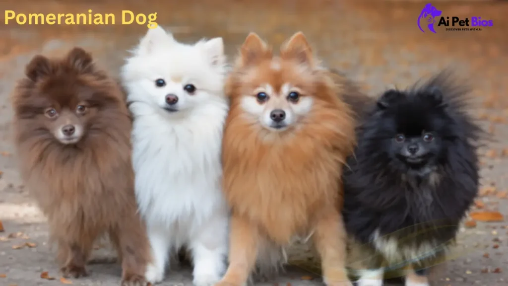 Four Pomeranian dogs with different coat colors—brown, white, tan, and black—standing together outdoors.