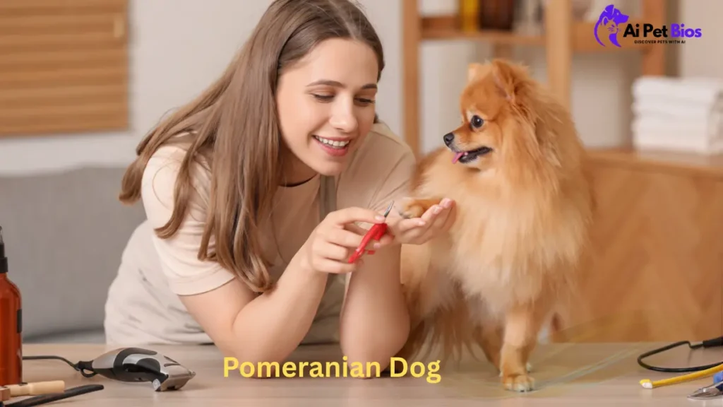 Professional grooming session for a Pomeranian dog featuring nail trimming and coat care essentials.
