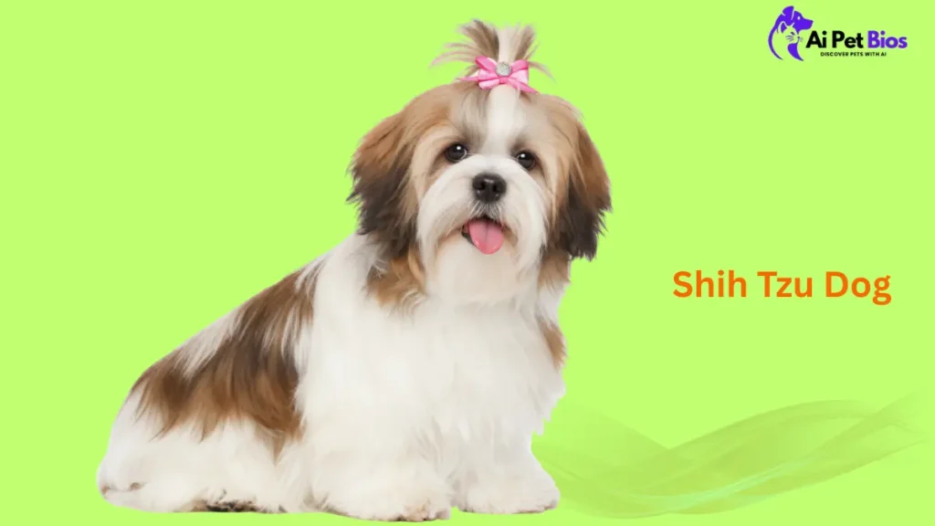 Shih Tzu dog breed portrait featuring long groomed fur and a pink accessory, used for a pet biography layout.