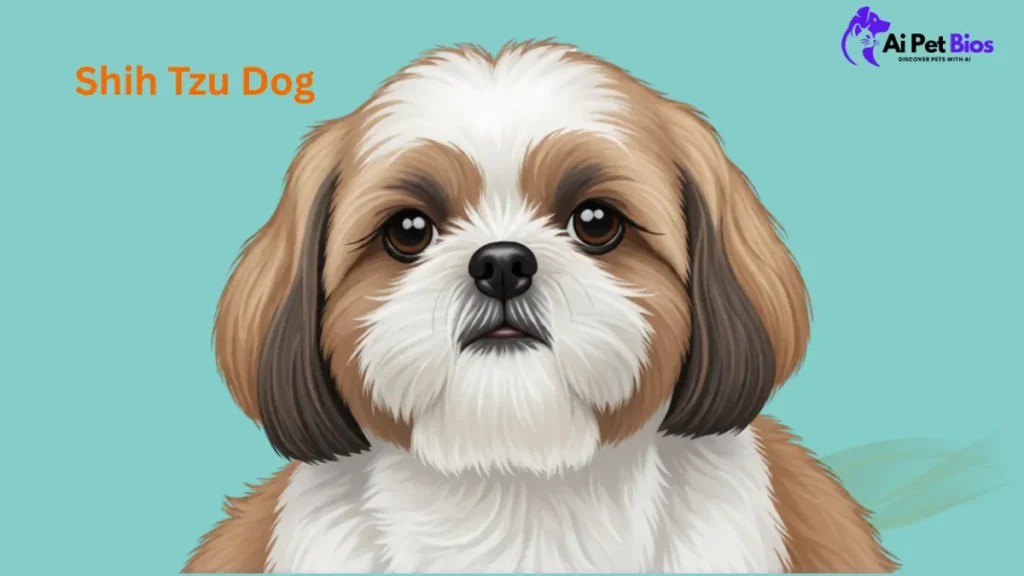 A digital illustration of a brown and white Shih Tzu dog against a teal background. The text "Shih Tzu Dog" appears in orange at the top left, and the "Ai Pet Bios" logo is in the top right corner.