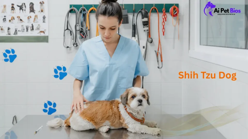 Shih Tzu dog receiving a checkup from a vet, featuring medical equipment and breed charts in the background.