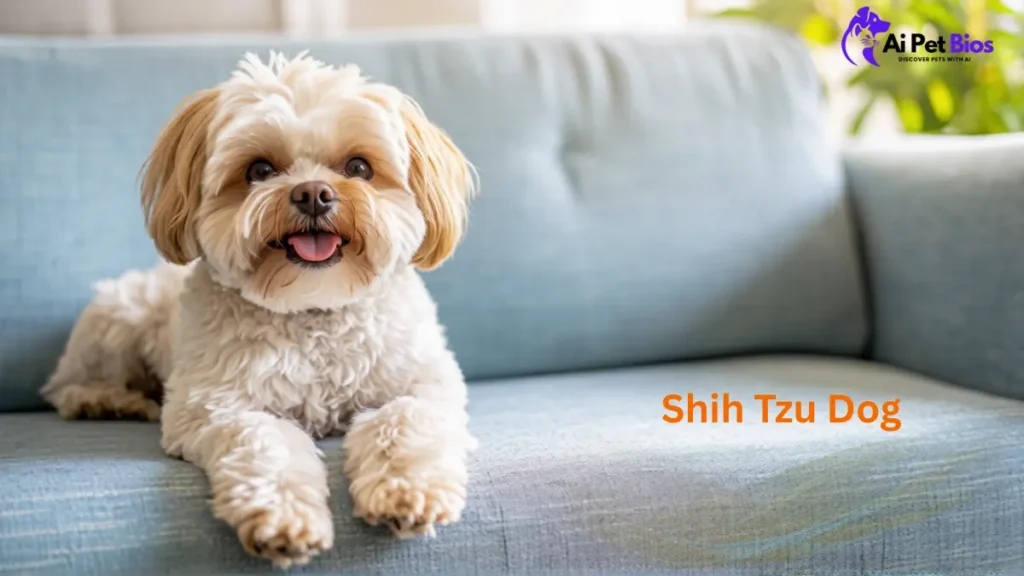 Shih Tzu dog at home on a blue sofa, showing a well-groomed coat and friendly temperament for a pet biography.